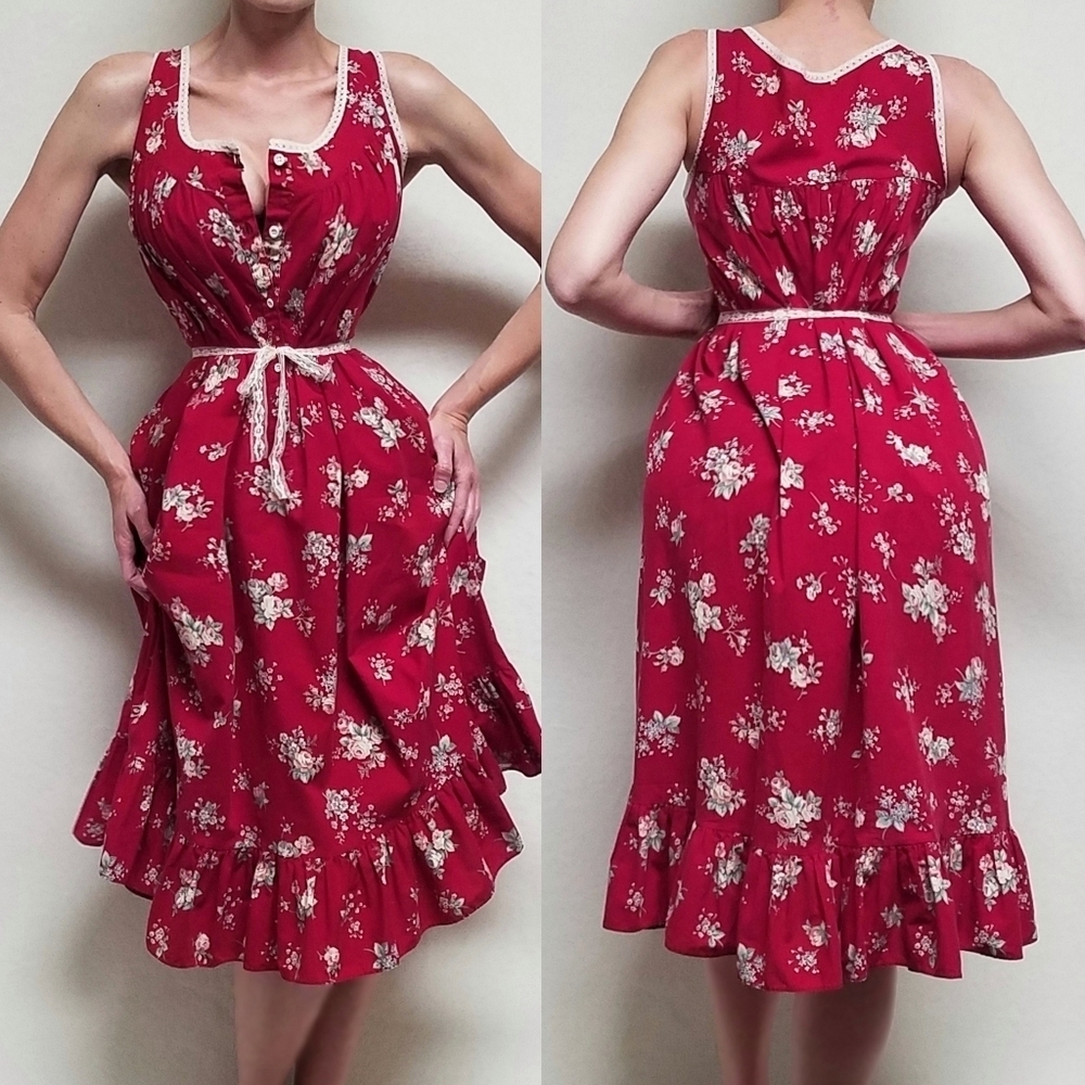 Vintage Willow Creek Cabbage Rose Print Red Cotton Lace Belted Prairie Dress Xl
